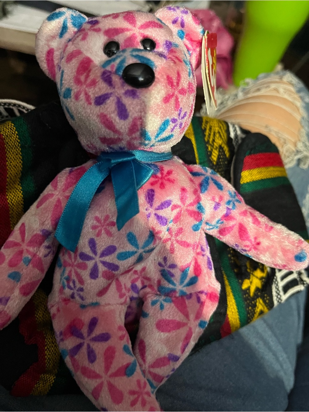 Ty Pink Floral Plush Bear with Teal and Purple Accents